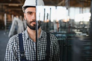 2375356921: The glazier carries the glass in the glass factory; Shutterstock ID 2375356921; purchase_order: Industrial Solutions (IS); job: glass campaign; client: Esther (IG Brand); other: IG